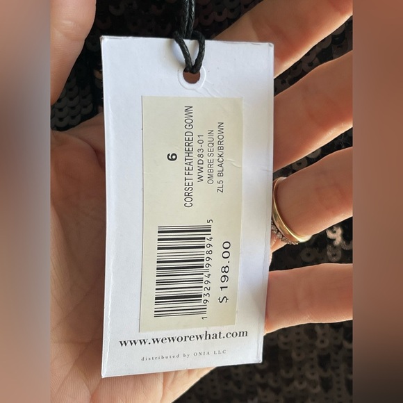 NWT WeWoreWhat Black and Brown Sequin Corset Feathered Gown - Picture 7 of 9